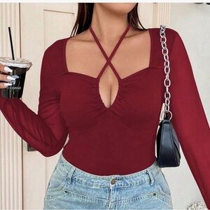 Chic Burgundy Crisscross Long Sleeve Blouse